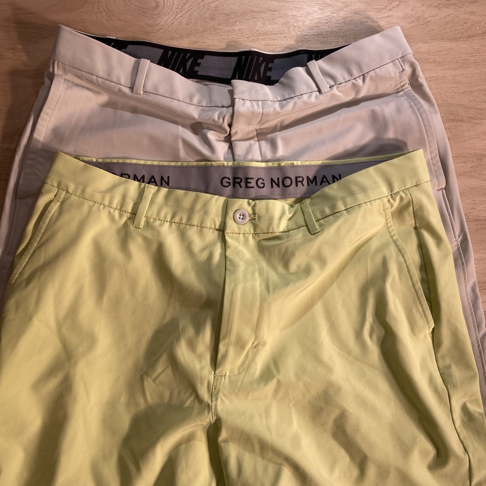 Set Of 2 Stretch Golf Shorts Men's 34 Nike Dry-Fit Khaki, Greg Norman Lime Green